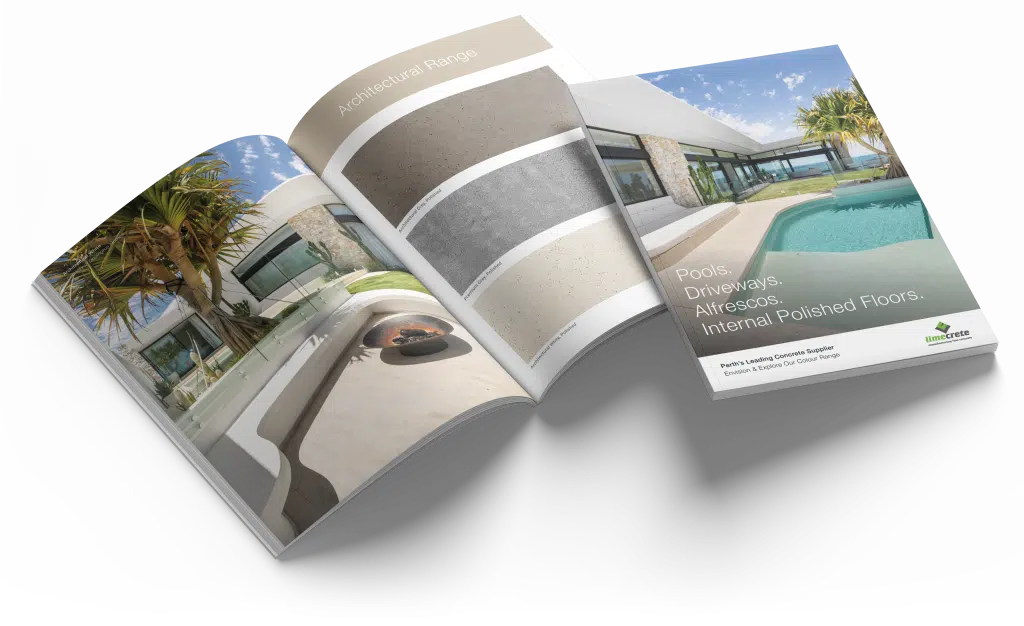 An open architectural brochure showcasing polished concrete finishes.
